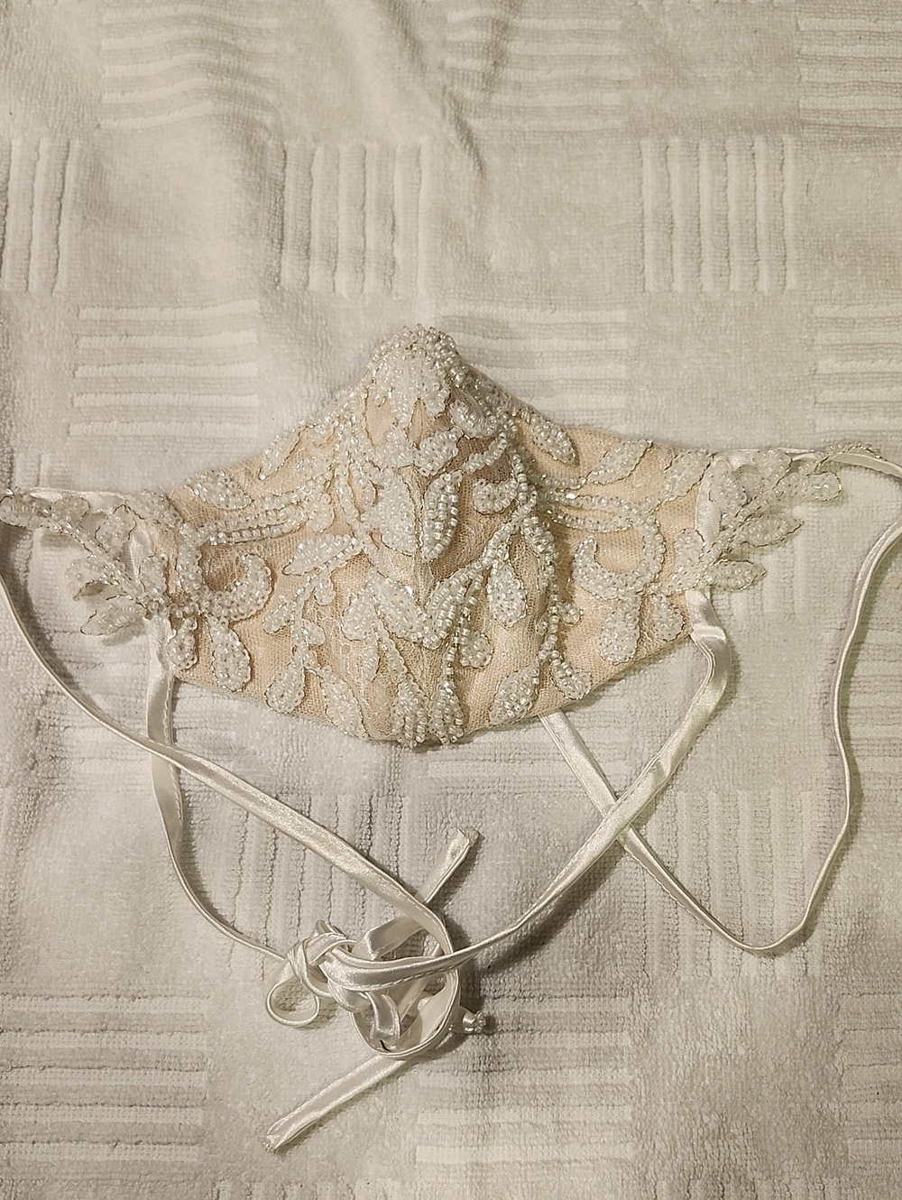 Embellished Ivory-Beige Lace Face Mask with Satin Ties